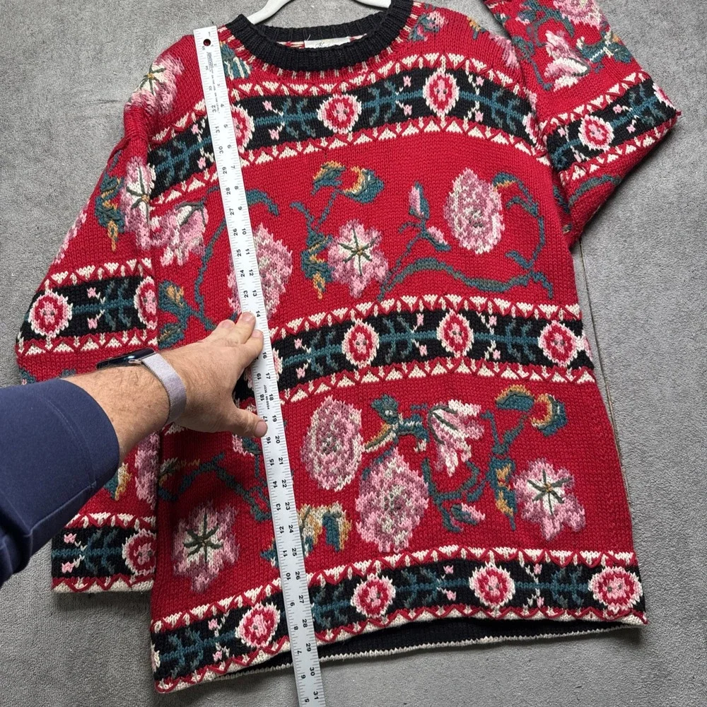 Vintage Hand Knit Red Floral Sweater‎ Fair Isle Cottagecore Women's Medium 90s - Picture 5 of 9